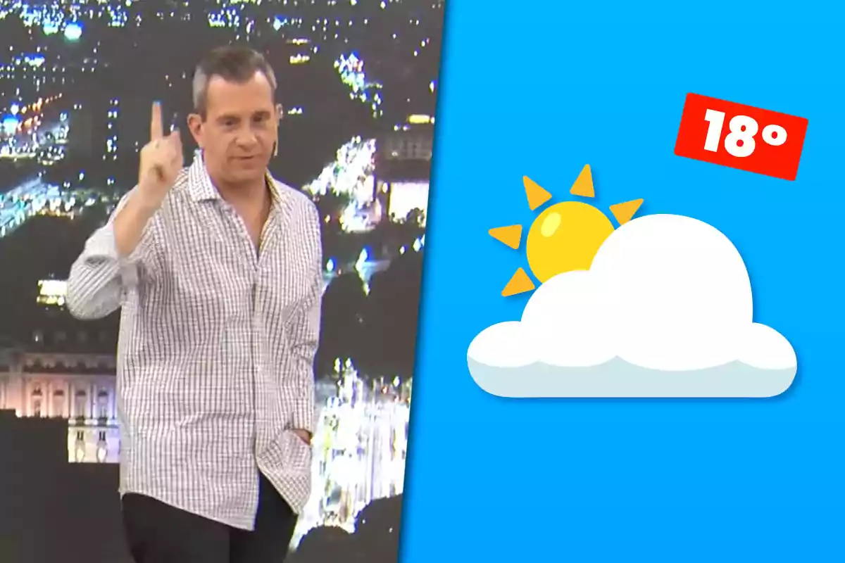 Man in a plaid jersey on a television set next to a weather graphic showing sunny with clouds and a temperature of 18 degrees against a blue background