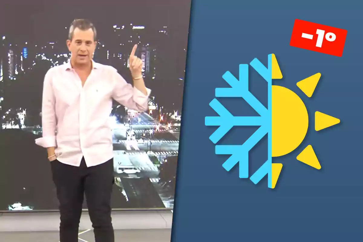 Man standing in a television studio with a nighttime background, pointing upward next to a graphic of cold and sunny weather with a temperature of minus one degree.
