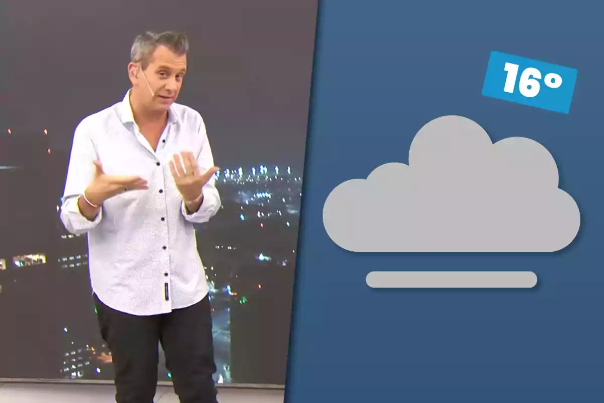 Un presentador de clima con camisa blanca gesticula mientras a su lado aparece un gráfico de nube gris y la temperatura de 16 grados sobre un fondo azul