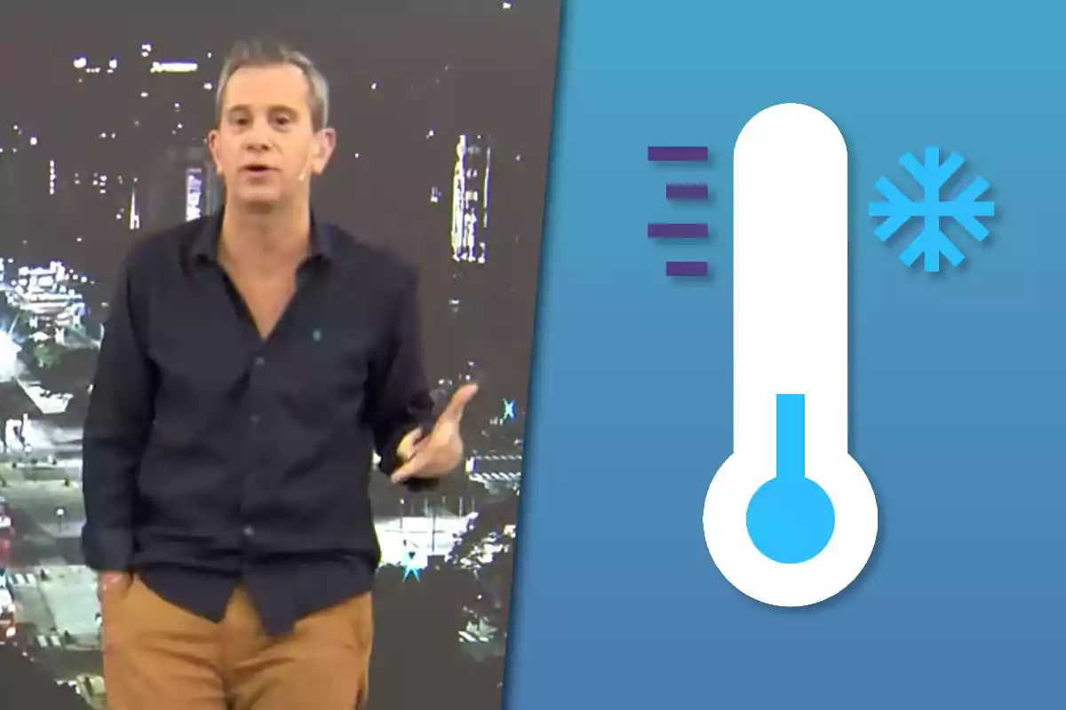 Hombre de pie con camisa oscura y pantalón claro junto a un gráfico de termómetro y copo de nieve sobre fondo azul