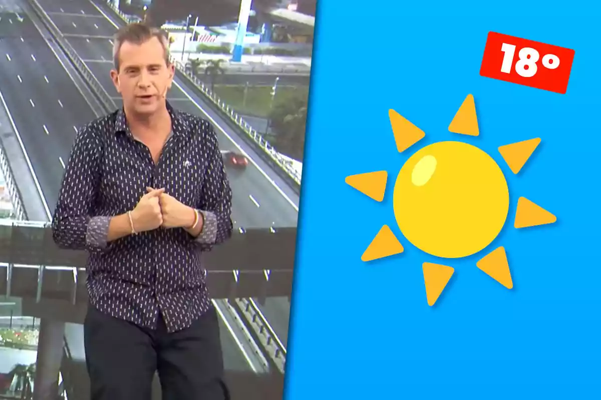 Hombre presentando el clima con fondo de autopista y un gráfico de sol junto a la temperatura de 18 grados en un recuadro rojo sobre fondo azul