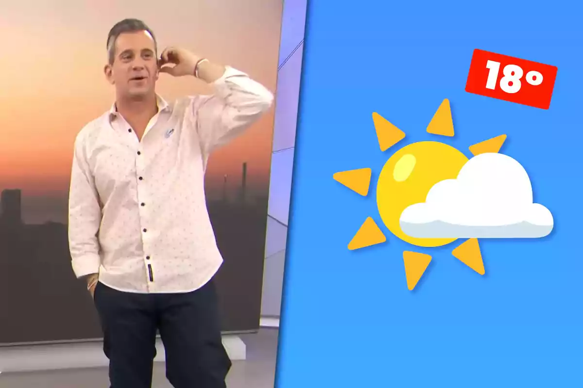 Hombre presentando el clima con fondo de atardecer y gráfico de sol, nube y temperatura de 18 grados