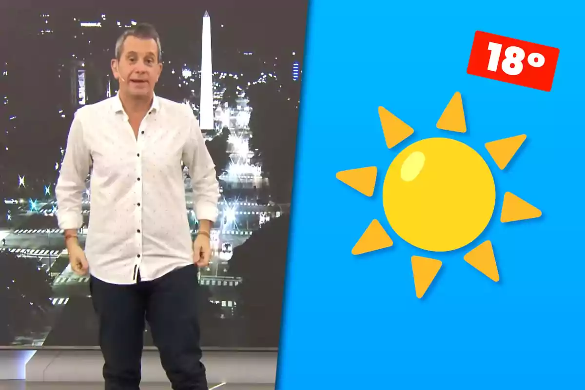 Un hombre de pie con fondo nocturno de ciudad y un gráfico de sol amarillo con temperatura de 18 grados sobre fondo azul