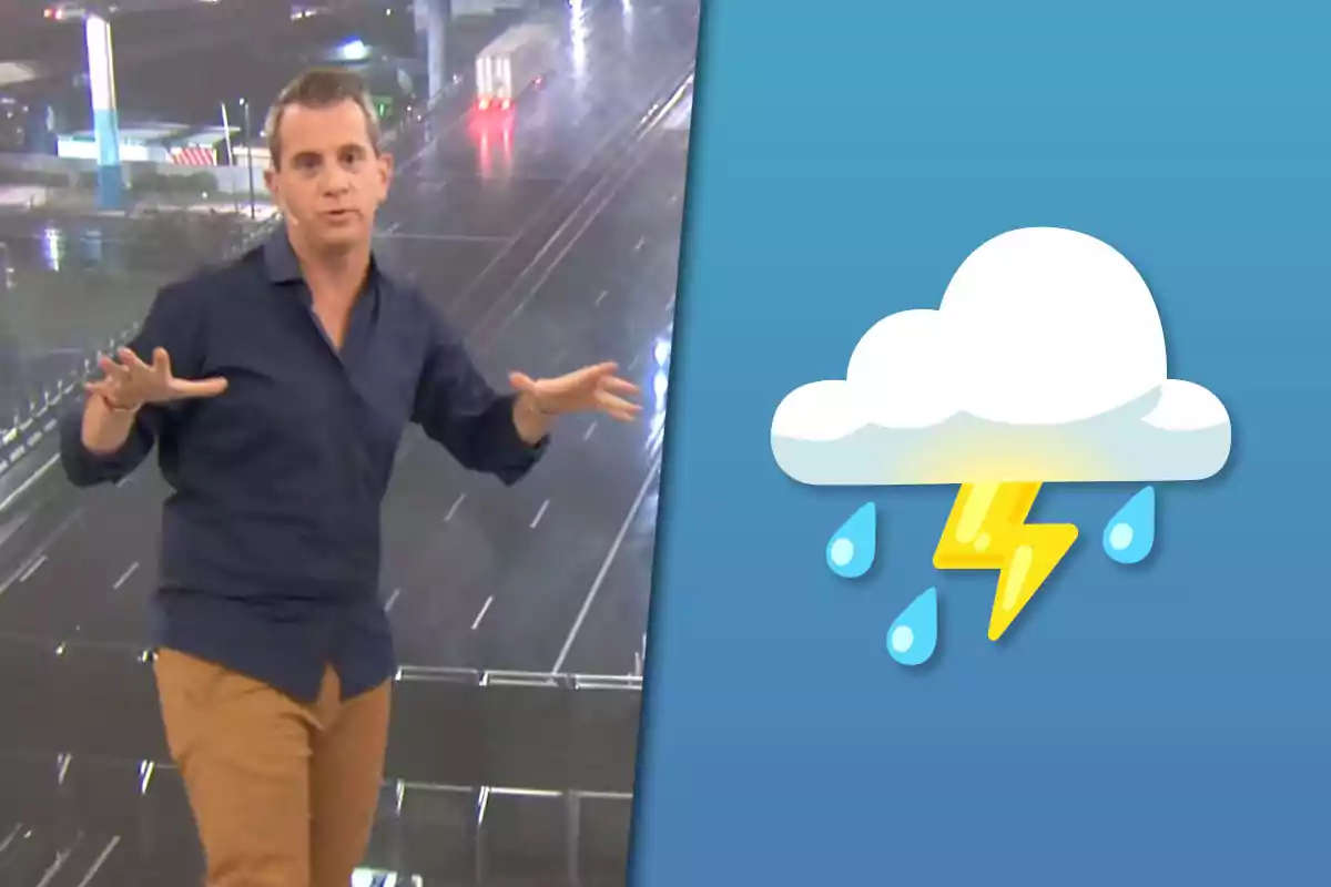 Man wearing a blue jersey and beige pants making a hand gesture in front of a wet road, next to a graphic of a cloud with rain and lightning on a blue background