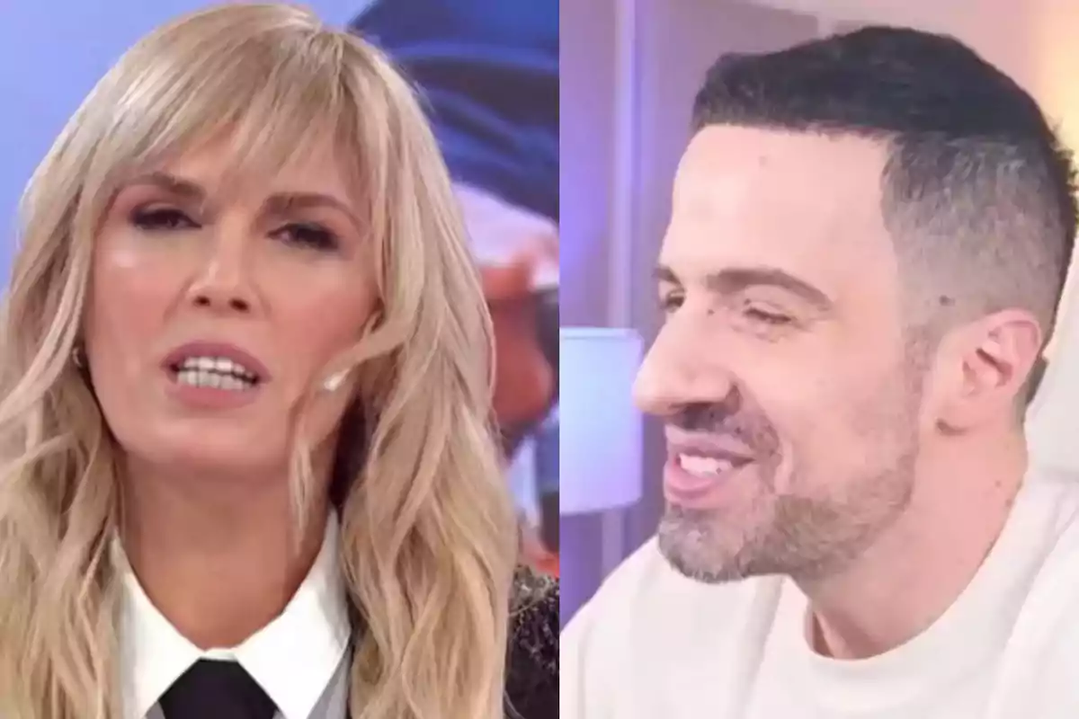Dos personas aparecen en primer plano, una mujer rubia con expresión seria a la izquierda y un hombre de cabello corto y barba con expresión sonriente a la derecha, ambos en ambientes interiores.