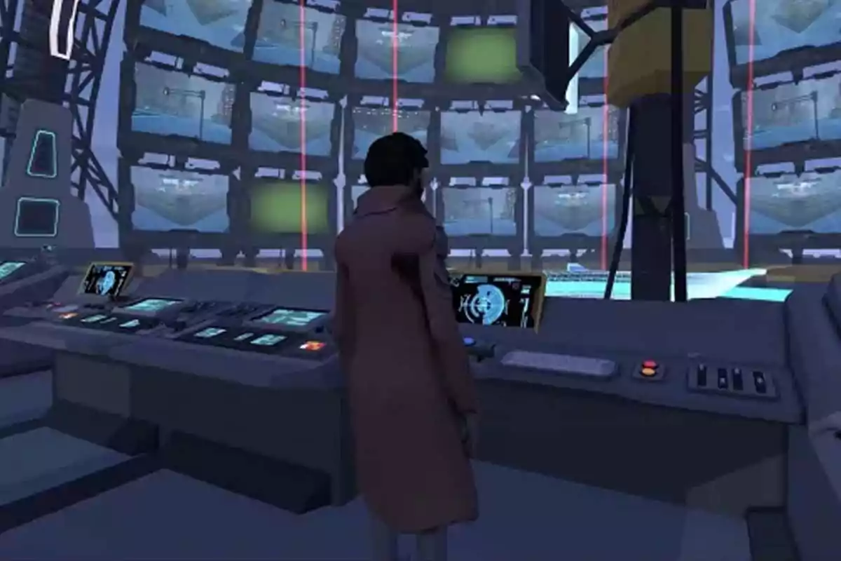 Persona con gabardina de pie frente a una consola futurista llena de pantallas y controles en una sala de vigilancia con monitores grandes al fondo Persona con gabardina de pie frente a una consola futurista llena de pantallas y controles en una sala de vigilancia con monitores grandes al fondo