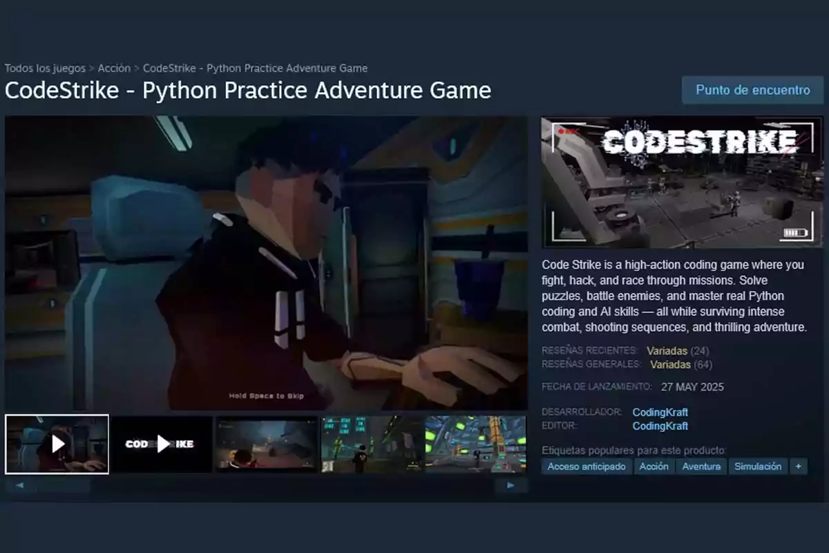 Captura de pantalla de la página de Steam del videojuego CodeStrike Python Practice Adventure Game mostrando imágenes del juego, descripción, fecha de lanzamiento y etiquetas de género Captura de pantalla de la página de Steam del videojuego CodeStrike Python Practice Adventure Game mostrando imágenes del juego, descripción, fecha de lanzamiento y etiquetas de género