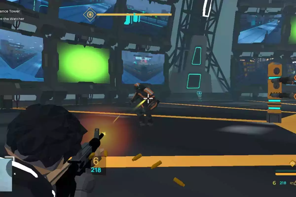 Escena de videojuego en primera persona donde un personaje dispara a un robot en un entorno futurista con pantallas y luces de neón Escena de videojuego en primera persona donde un personaje dispara a un robot en un entorno futurista con pantallas y luces de neón