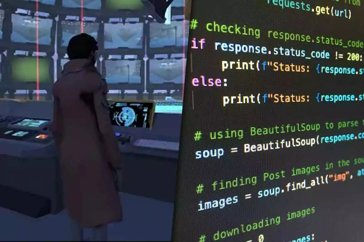Persona animada de espaldas frente a una consola tecnológica junto a un primer plano de una pantalla con código de programación en Python