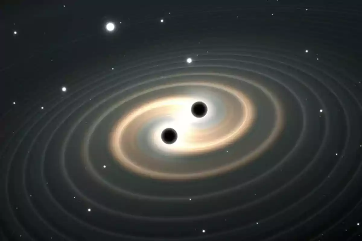 Illustration of two black holes merging in space with gravitational waves around them Illustration of two black holes merging in space with gravitational waves around them