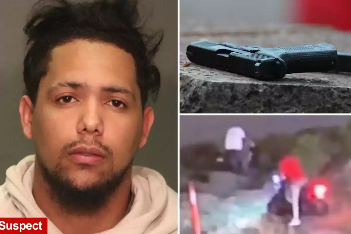 Retrato de un hombre joven con barba, una pistola negra sobre una superficie de piedra y una escena nocturna borrosa con dos personas y una motocicleta Retrato de un hombre joven con barba, una pistola negra sobre una superficie de piedra y una escena nocturna borrosa con dos personas y una motocicleta