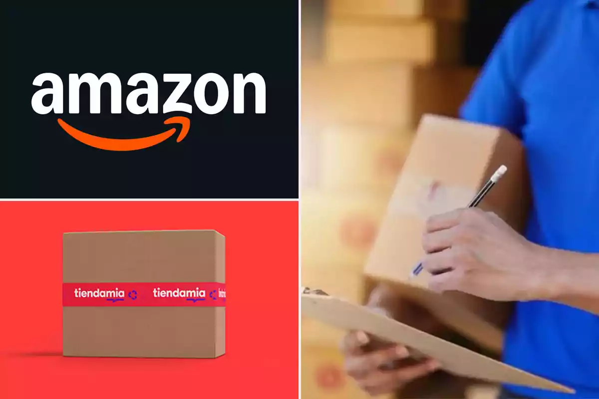 Logotipo de Amazon, una caja de Tiendamia sobre fondo rojo y una persona con camisa azul sosteniendo una caja y escribiendo en una libreta