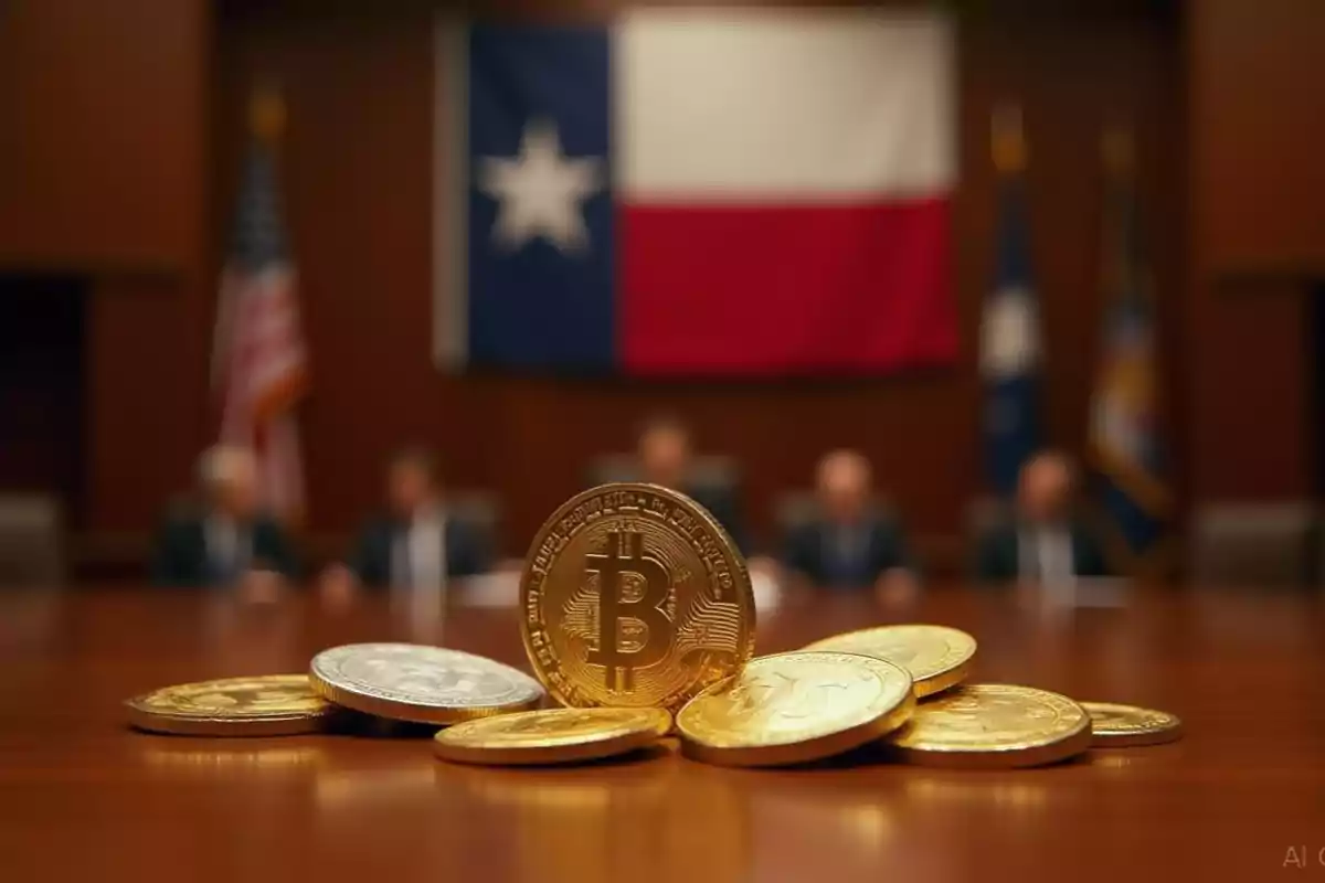 Varias monedas de bitcoin sobre una mesa con una bandera de Texas y personas sentadas al fondo en una sala de reuniones