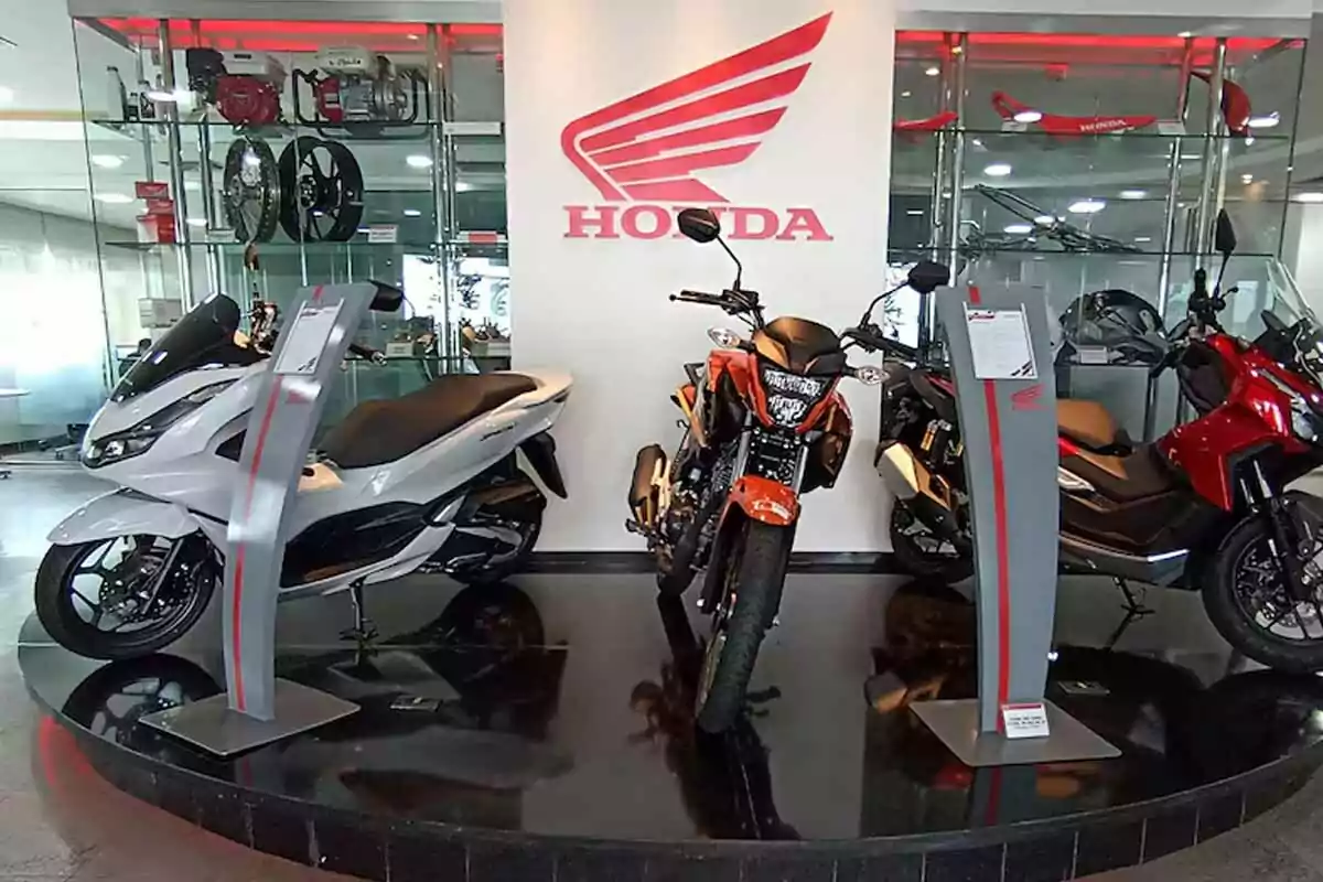 Tres motocicletas Honda exhibidas en una sala de ventas con el logotipo de la marca en la pared de fondo y vitrinas con accesorios y piezas detrás Tres motocicletas Honda exhibidas en una sala de ventas con el logotipo de la marca en la pared de fondo y vitrinas con accesorios y piezas detrás