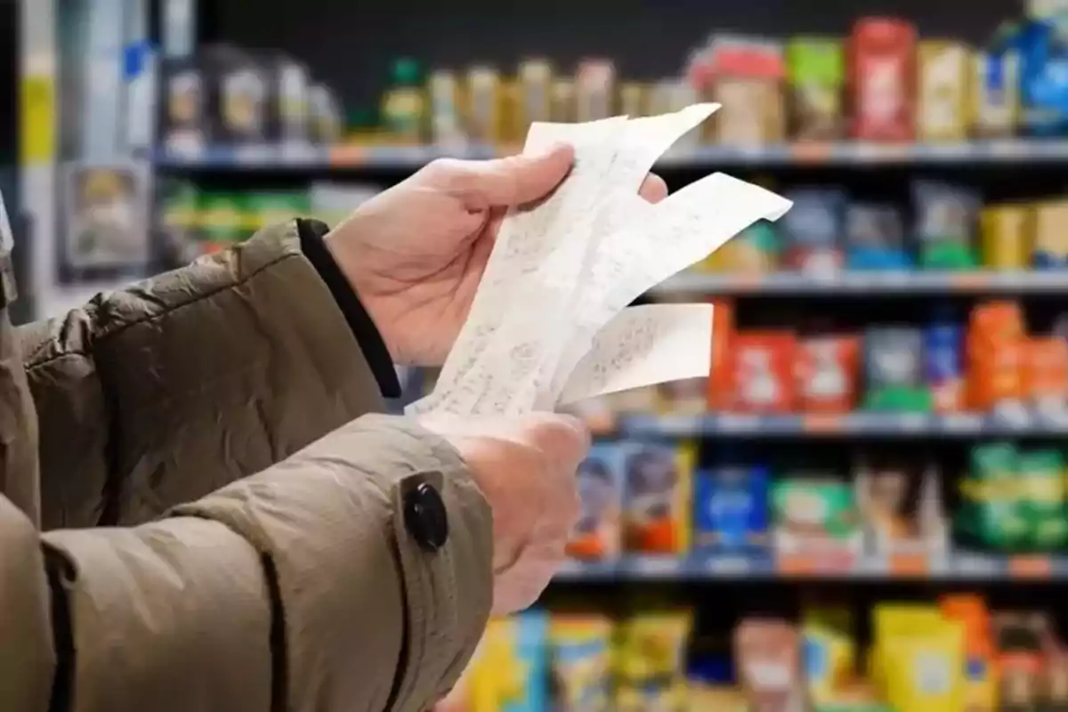Persona revisando varios recibos en el pasillo de un supermercado con estantes llenos de productos al fondo