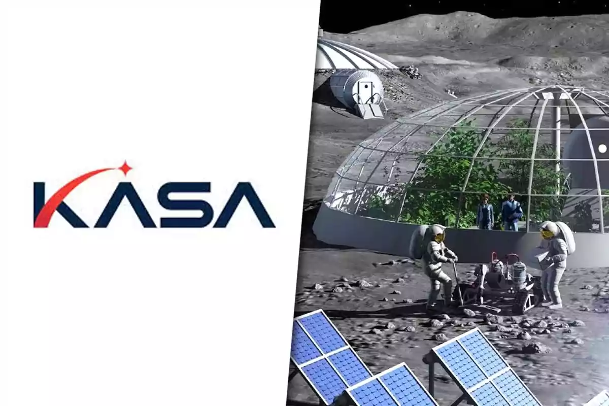 Logo que dice KASA junto a una ilustración de una base lunar con astronautas, paneles solares y un invernadero en la superficie de la Luna