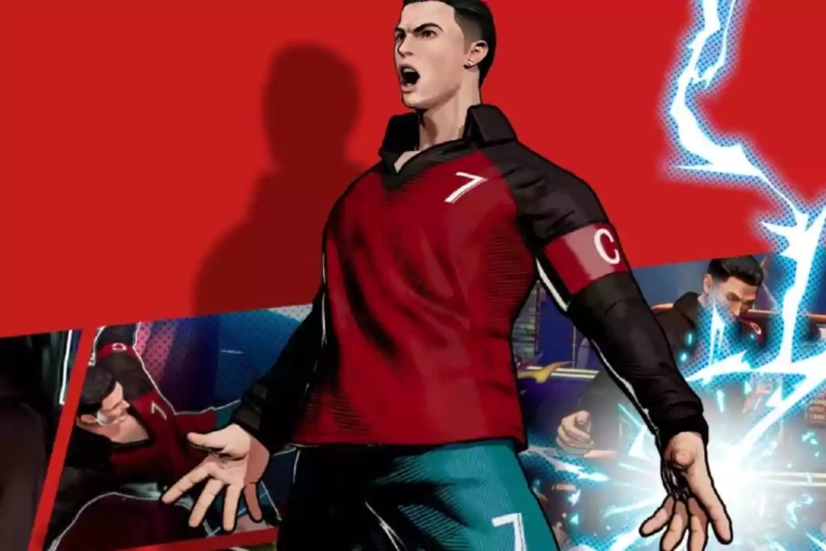 Ilustración de un futbolista con uniforme rojo y negro, número 7 y brazalete de capitán, posando de manera enérgica con fondo rojo y rayos azules. Ilustración de un futbolista con uniforme rojo y negro, número 7 y brazalete de capitán, posando de manera enérgica con fondo rojo y rayos azules.