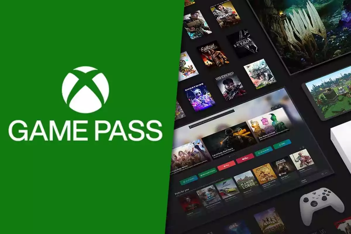 Logo de Game Pass de Xbox a la izquierda y una pantalla con carátulas de videojuegos y un control a la derecha