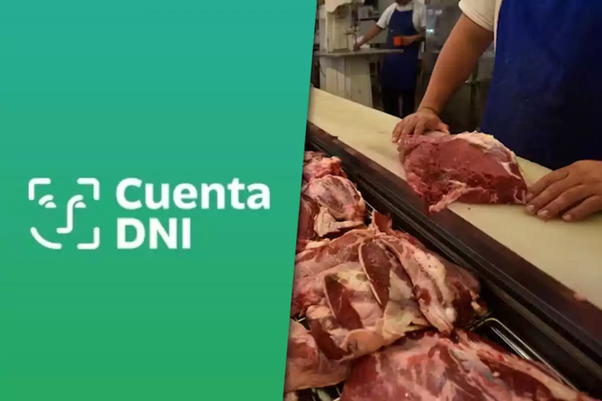 Person cutting meat in a butcher shop next to the Cuenta DNI logo on a green background