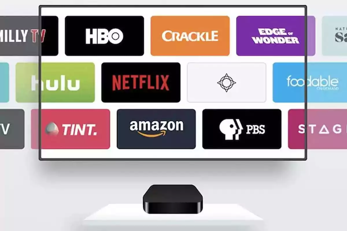 Television screen displaying various streaming services such as HBO, Crackle, Edge of Wonder, Hulu, Netflix, Amazon, and PBS Television screen displaying various streaming services such as HBO, Crackle, Edge of Wonder, Hulu, Netflix, Amazon, and PBS