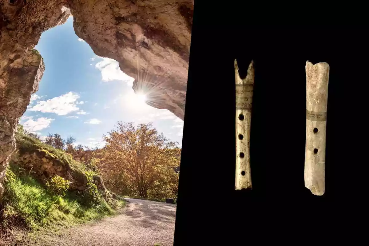 Cave entrance with sunlight and vegetation on the left and two prehistoric bone flutes on a black background on the right