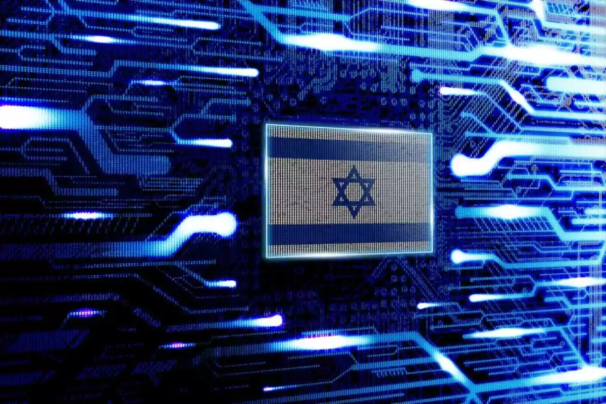 Flag of Israel over a background of blue electronic circuits representing digital technology