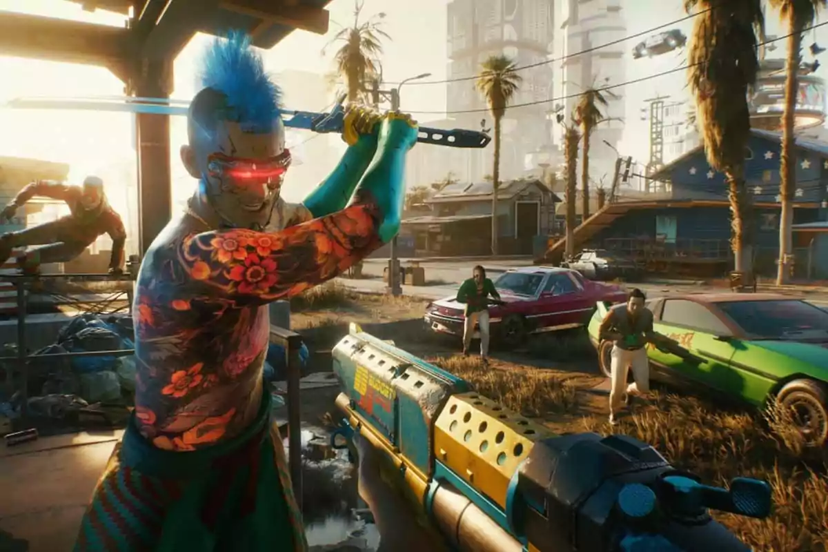 Escena de un videojuego futurista en la que un personaje con tatuajes coloridos y cabello azul sostiene una katana mientras otros personajes armados se acercan en un entorno urbano con autos y palmeras Escena de un videojuego futurista en la que un personaje con tatuajes coloridos y cabello azul sostiene una katana mientras otros personajes armados se acercan en un entorno urbano con autos y palmeras