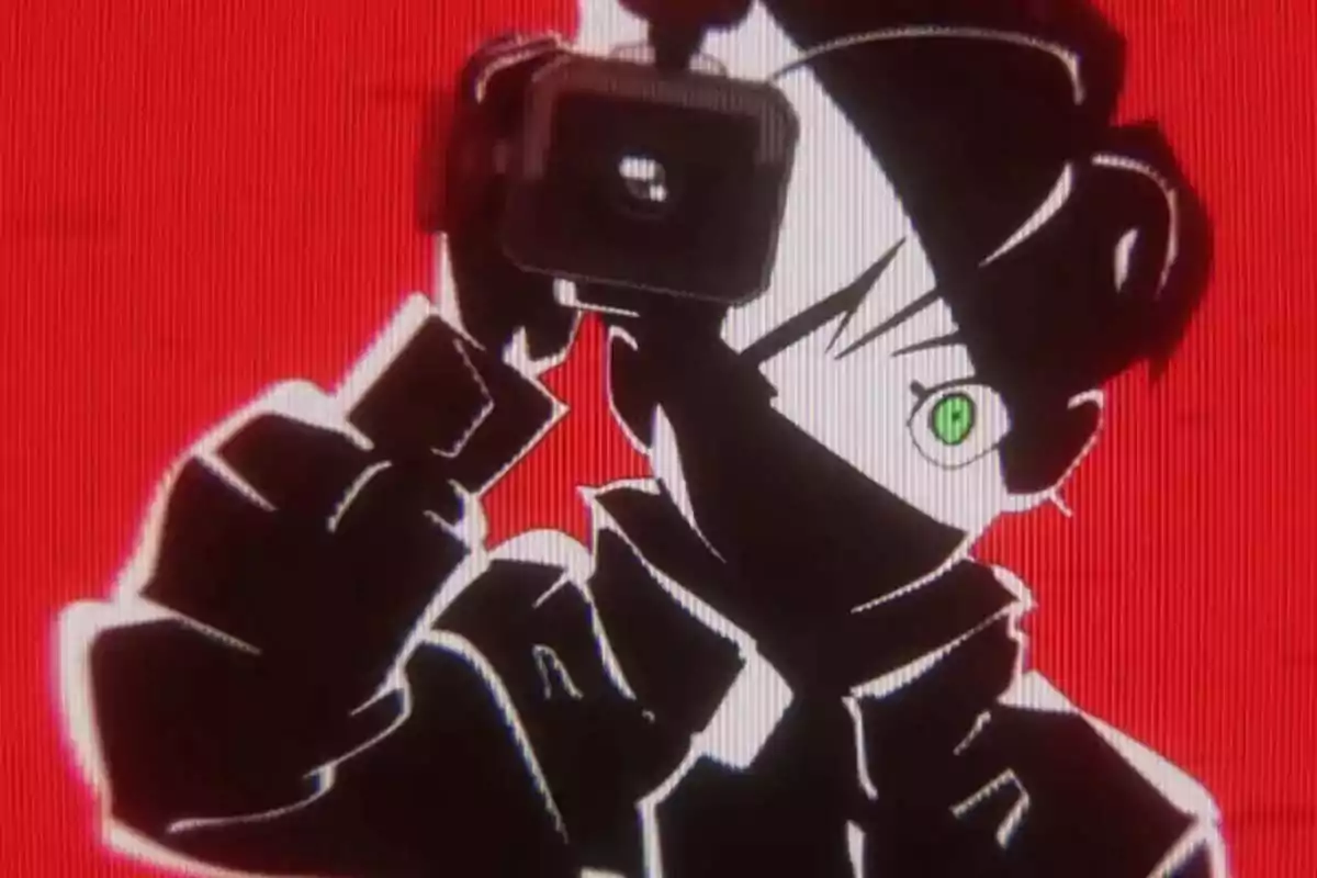 Ilustración de un personaje de estilo anime con cabello oscuro y un ojo verde brillante sosteniendo una cámara frente a un fondo rojo intenso Ilustración de un personaje de estilo anime con cabello oscuro y un ojo verde brillante sosteniendo una cámara frente a un fondo rojo intenso