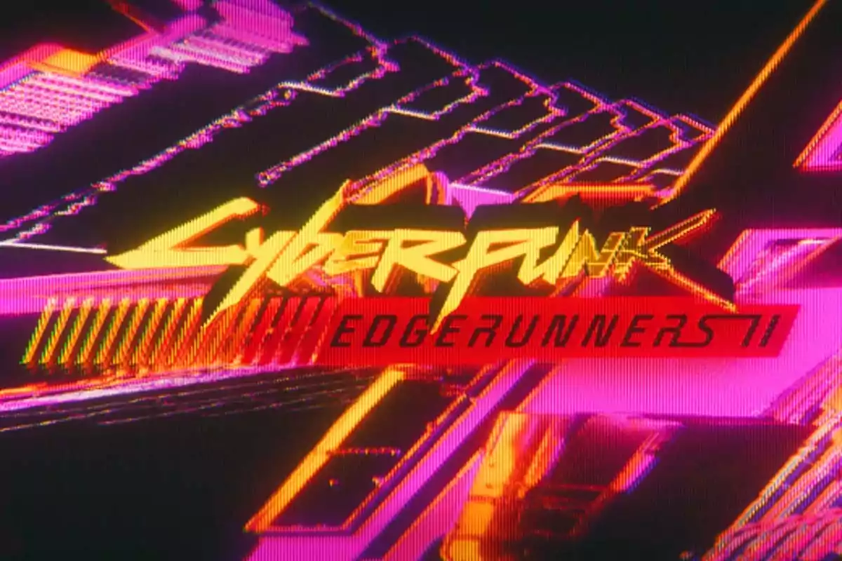 Logo de Cyberpunk Edgerunners con colores neón y un fondo futurista lleno de luces y líneas brillantes Logo de Cyberpunk Edgerunners con colores neón y un fondo futurista lleno de luces y líneas brillantes