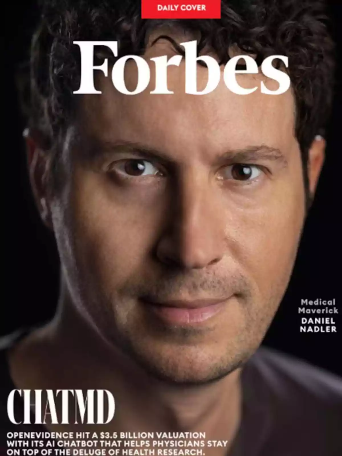 Forbes magazine cover featuring a man with curly hair and a serious expression in the foreground, accompanied by texts about artificial intelligence and health Forbes magazine cover featuring a man with curly hair and a serious expression in the foreground, accompanied by texts about artificial intelligence and health