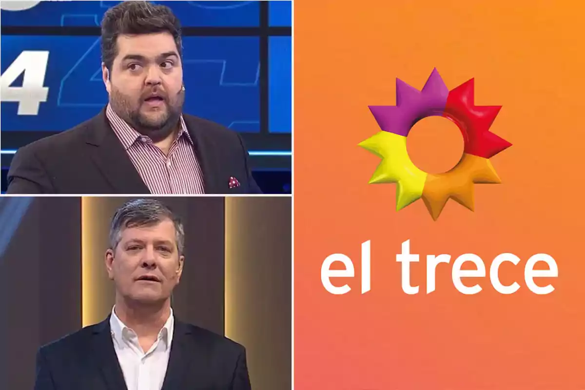 Dos conductores de televisión en diferentes recuadros junto al logo y nombre del canal El Trece sobre un fondo naranja