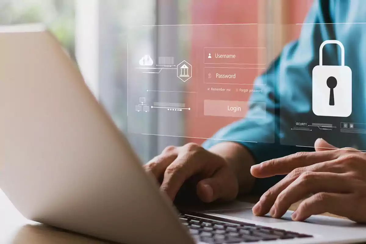 Person using a laptop with a virtual login screen and a padlock icon representing cybersecurity Person using a laptop with a virtual login screen and a padlock icon representing cybersecurity