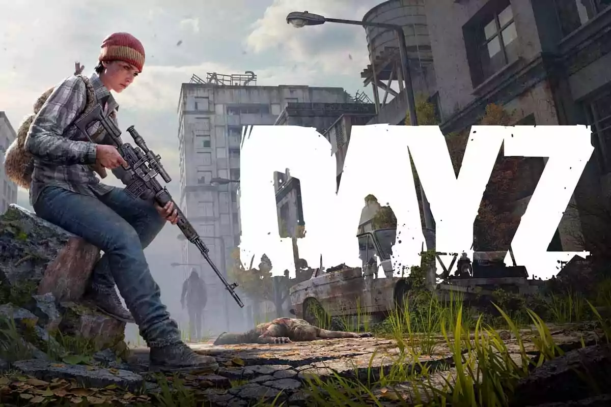 Persona armada con rifle sentada en un entorno urbano postapocalíptico con edificios en ruinas y el logo de DayZ en grande Persona armada con rifle sentada en un entorno urbano postapocalíptico con edificios en ruinas y el logo de DayZ en grande