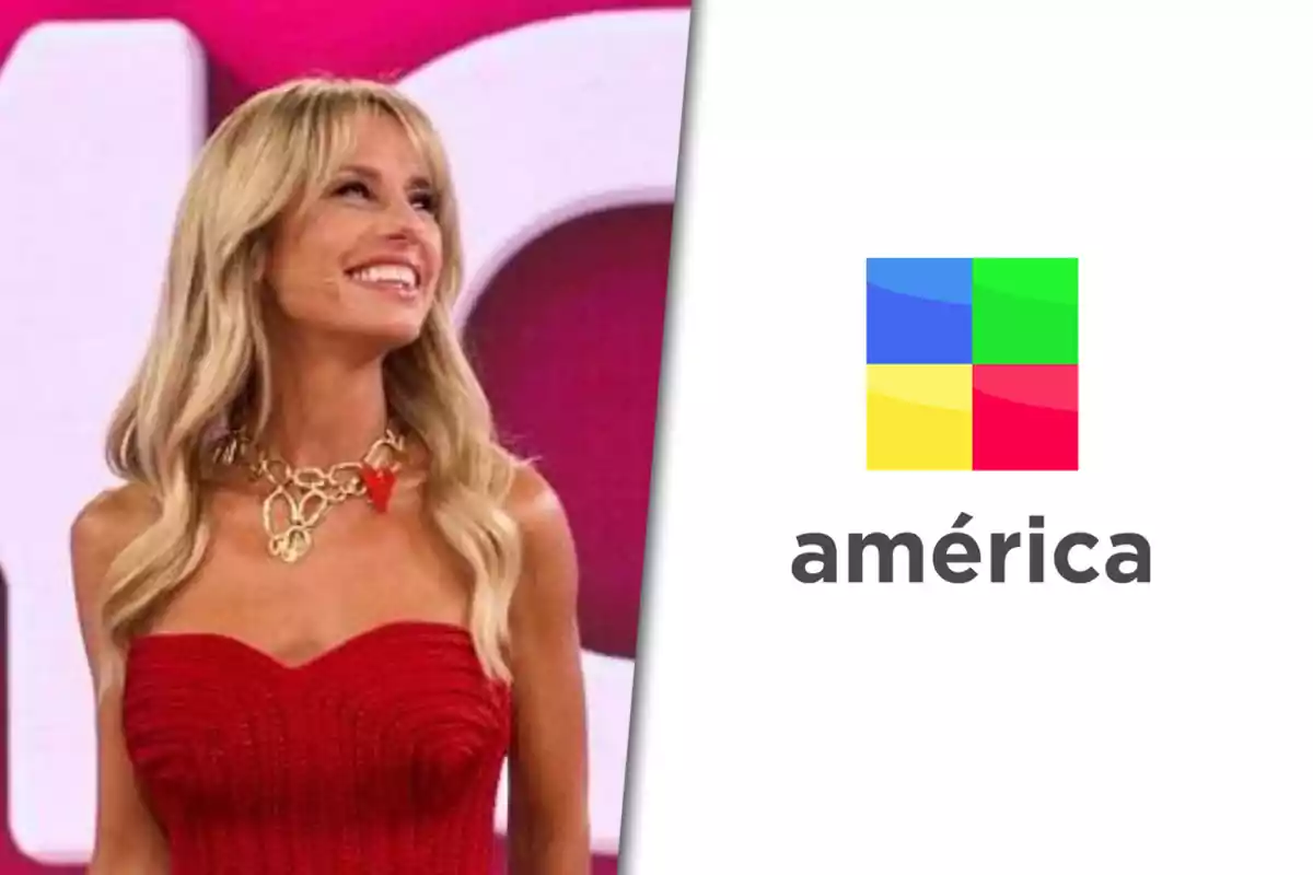 Mujer rubia con vestido rojo sonríe frente a un fondo rosa junto al logo colorido de América TV sobre fondo blanco