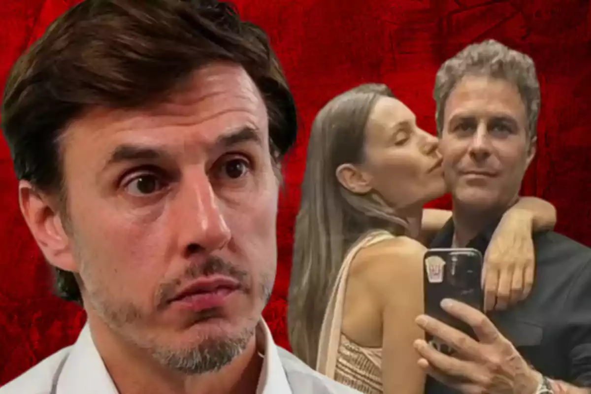 A man with a serious expression in the foreground and, in the background, a couple taking a selfie while the woman kisses the man on the cheek, with a red background.
