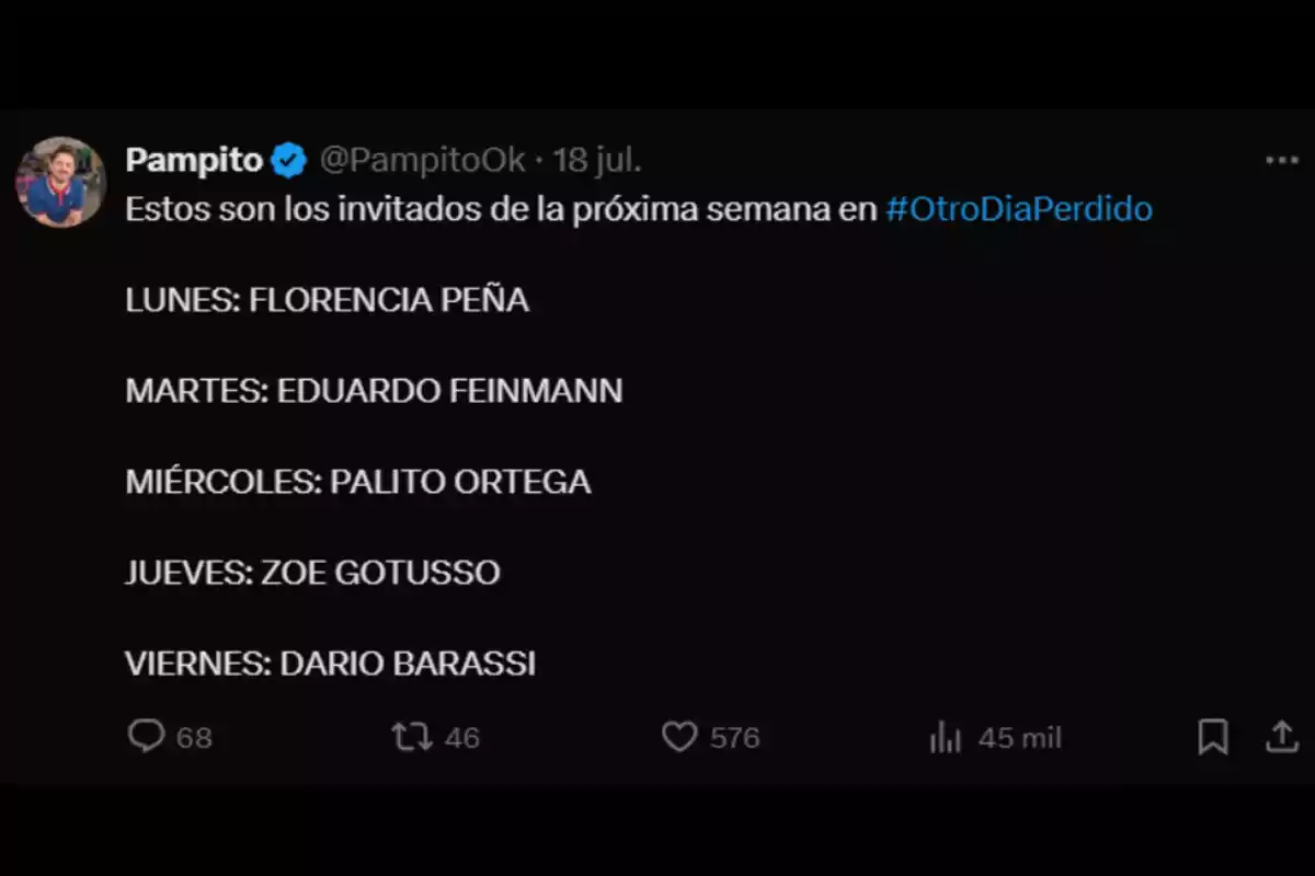 Publicación de Twitter de Pampito anunciando los invitados de la próxima semana en el programa Otro Día Perdido, mencionando a Florencia Peña, Eduardo Feinmann, Palito Ortega, Zoe Gotusso y Dario Barassi para cada día de lunes a viernes Publicación de Twitter de Pampito anunciando los invitados de la próxima semana en el programa Otro Día Perdido, mencionando a Florencia Peña, Eduardo Feinmann, Palito Ortega, Zoe Gotusso y Dario Barassi para cada día de lunes a viernes