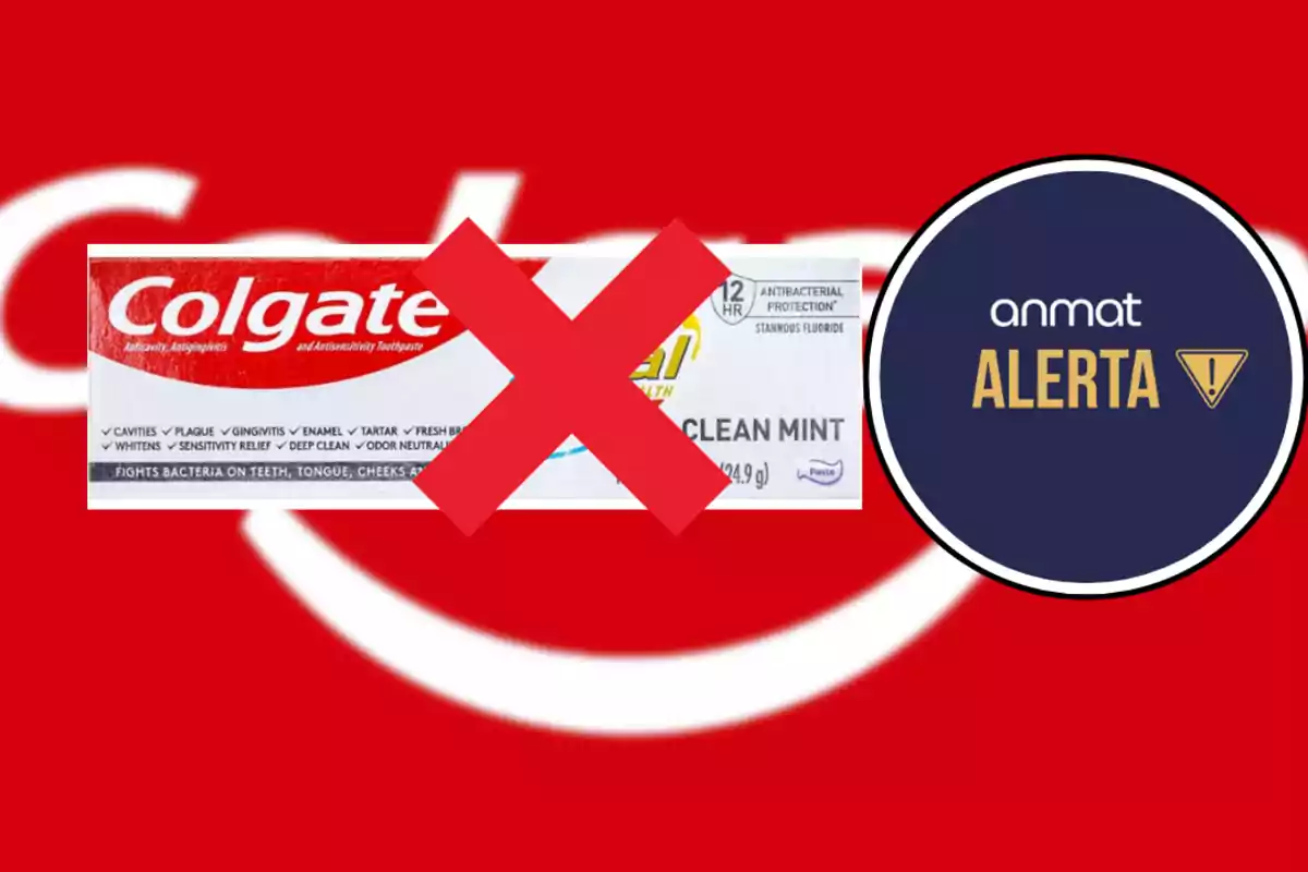 Imagen de una caja de pasta dental Colgate con una gran equis roja encima y un círculo con la palabra alerta de ANMAT sobre un fondo rojo