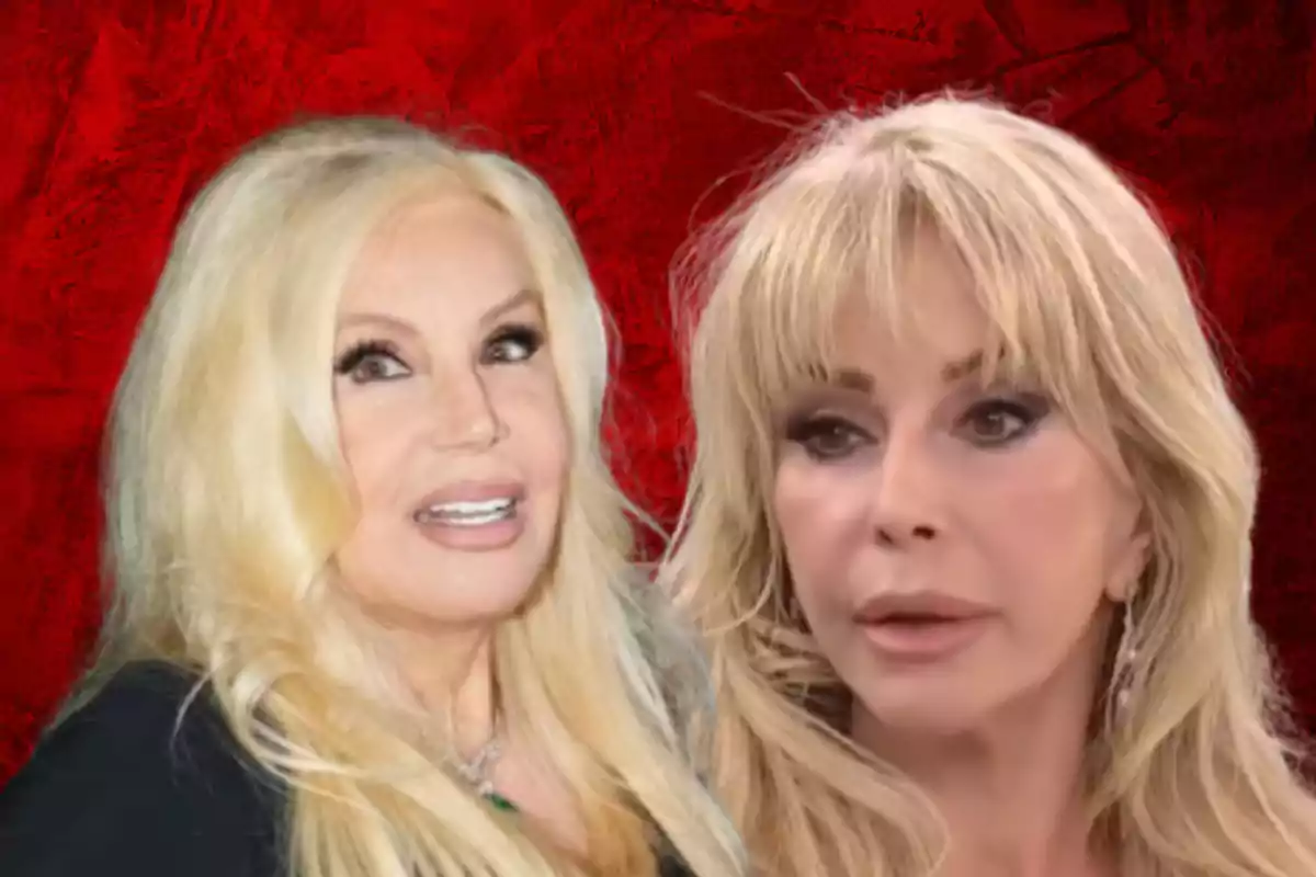 Two blonde women with long, loose hair pose in front of a red background