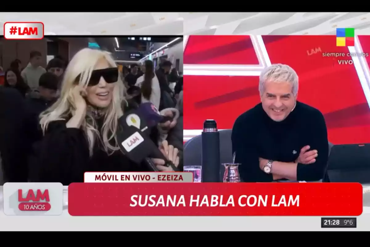 Captura de pantalla de un programa de televisión en la que una mujer rubia con gafas oscuras es entrevistada en un aeropuerto mientras un hombre de cabello canoso sonríe desde el estudio, con el texto en pantalla que dice Susana habla con LAM Captura de pantalla de un programa de televisión en la que una mujer rubia con gafas oscuras es entrevistada en un aeropuerto mientras un hombre de cabello canoso sonríe desde el estudio, con el texto en pantalla que dice Susana habla con LAM