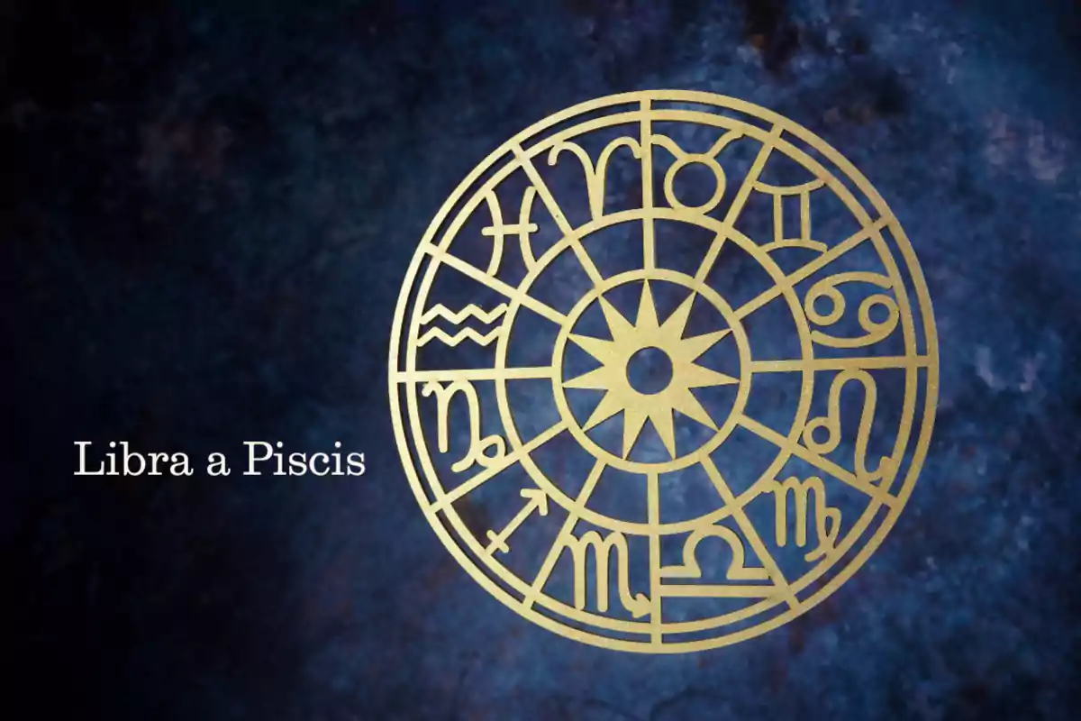 Rueda dorada con símbolos de signos zodiacales sobre fondo azul oscuro y texto Libra a Piscis a la izquierda