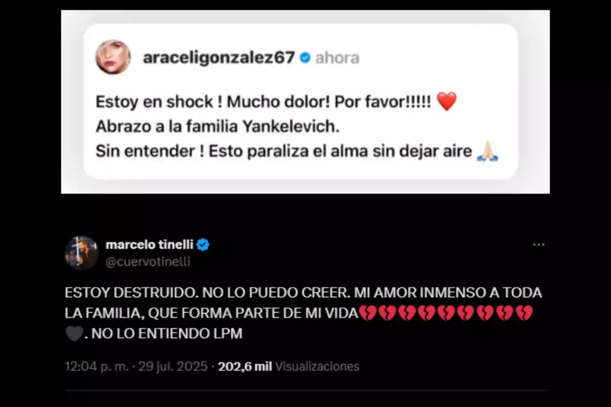Captura de pantalla que muestra mensajes de dos figuras públicas expresando dolor y conmoción por una pérdida, uno de ellos menciona estar en shock y el otro dice estar destruido, ambos envían condolencias a la familia afectada Captura de pantalla que muestra mensajes de dos figuras públicas expresando dolor y conmoción por una pérdida, uno de ellos menciona estar en shock y el otro dice estar destruido, ambos envían condolencias a la familia afectada