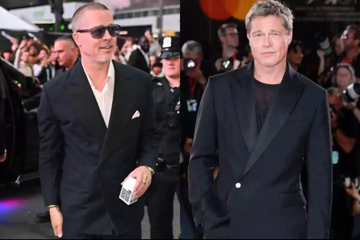Two men in dark suits pose on different red carpets surrounded by photographers and the public. Two men in dark suits pose on different red carpets surrounded by photographers and the public.