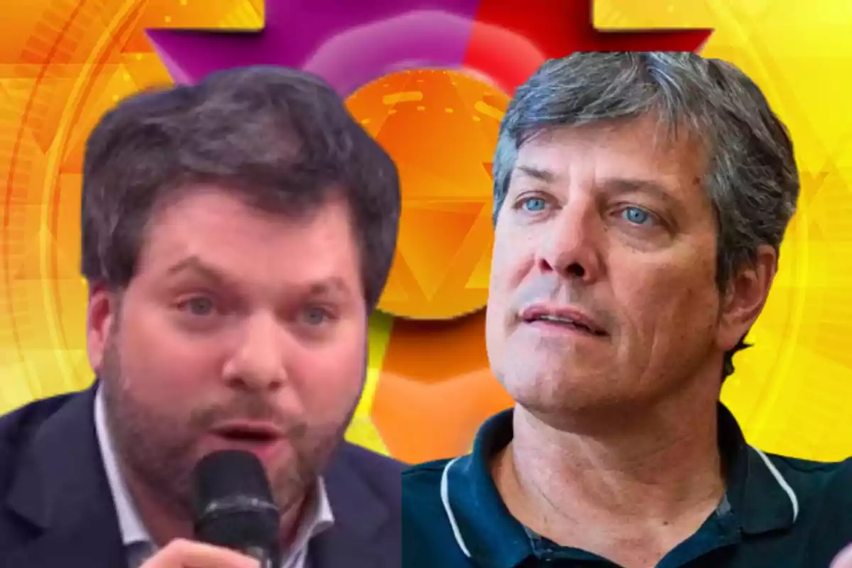 Dos hombres en primer plano con un fondo colorido y elementos geométricos amarillos y naranjas