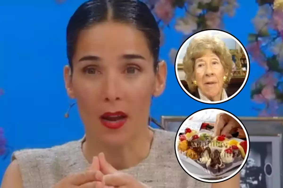 Dark-haired woman with red lips speaking in front of the camera, with two overlapping circles showing an older woman and a tray of desserts with fruit and chocolate.