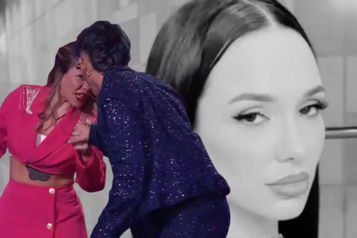 Two people argue closely while in the background the face of a woman appears in black and white.