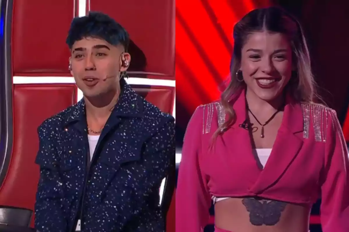 Two young people on a television set, one wearing a shiny blue jacket and the other in a pink outfit, both smiling. Two young people on a television set, one wearing a shiny blue jacket and the other in a pink outfit, both smiling.