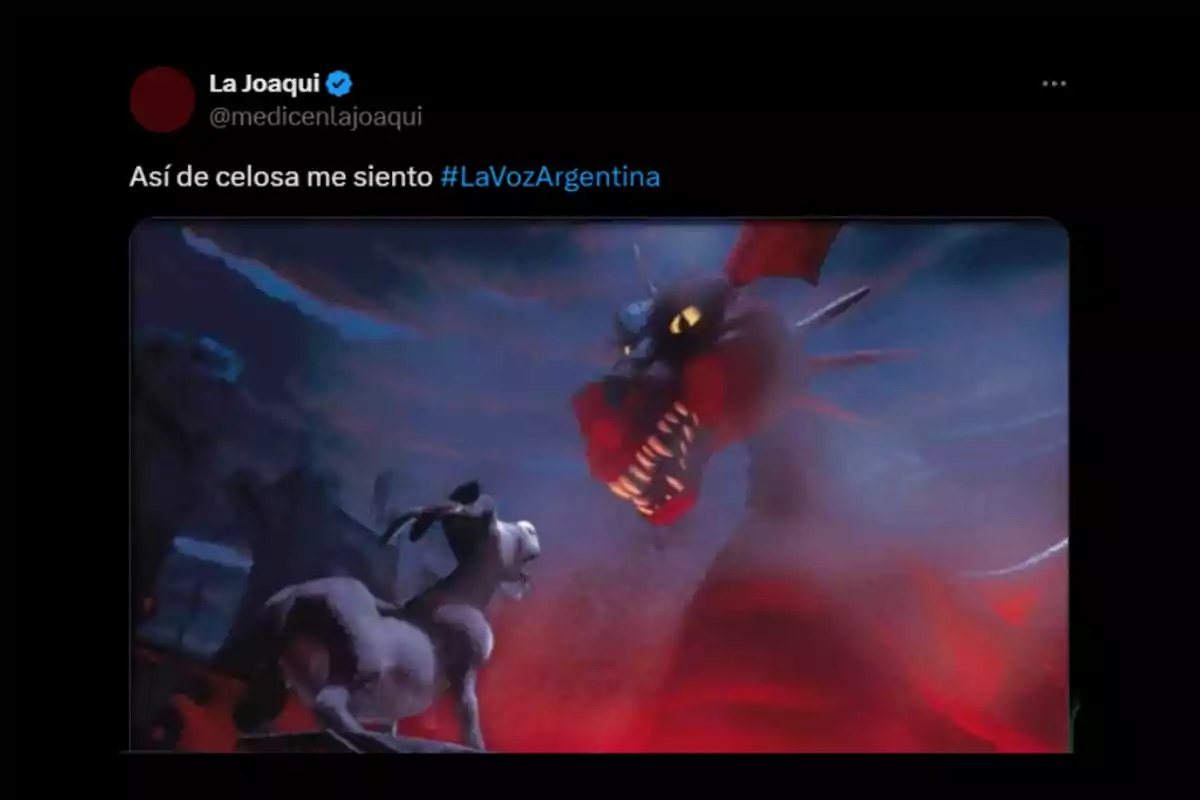 A frightened donkey looks at a giant red dragon with a menacing expression in a scene from the movie Shrek. A frightened donkey looks at a giant red dragon with a menacing expression in a scene from the movie Shrek.