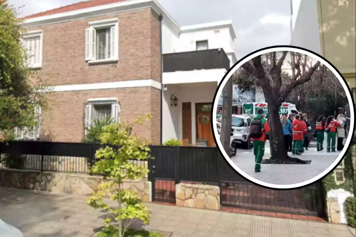 Facade of a brick house with black bars and an enlarged circle showing several people in emergency uniforms and ambulances on the street