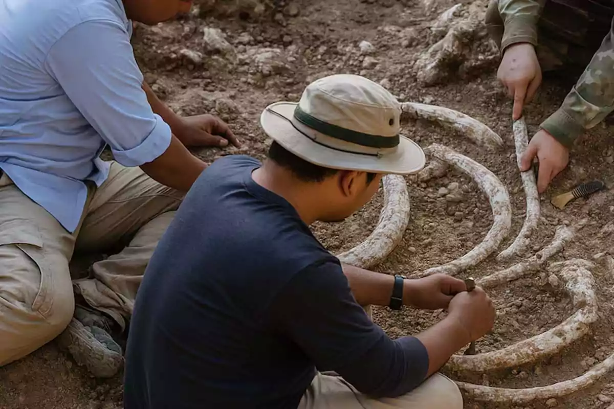 Three people are carefully unearthing large bones at an archaeological site. Three people are carefully unearthing large bones at an archaeological site.