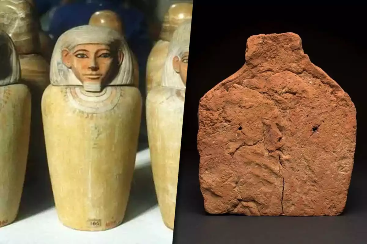 On the left, there are Egyptian canopic jars with lids shaped like human heads, and on the right, an ancient mud brick against a black background.